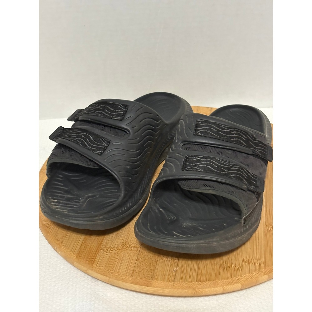 Hoka Ora Luxe Black Recovery Slides Adjustable Strap Sandals Mens 12in Insole